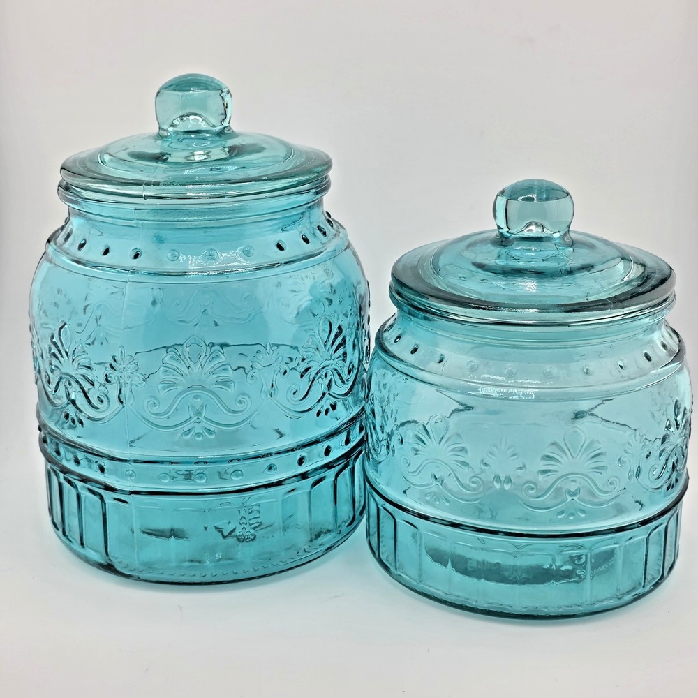 The Pioneer Woman Canister Set Unisex OS Teal Glass Embossed Floral 2 Piece Set